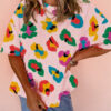 Rose Stripe Contrast Trim Crew Neck Loose Short Sleeve Top