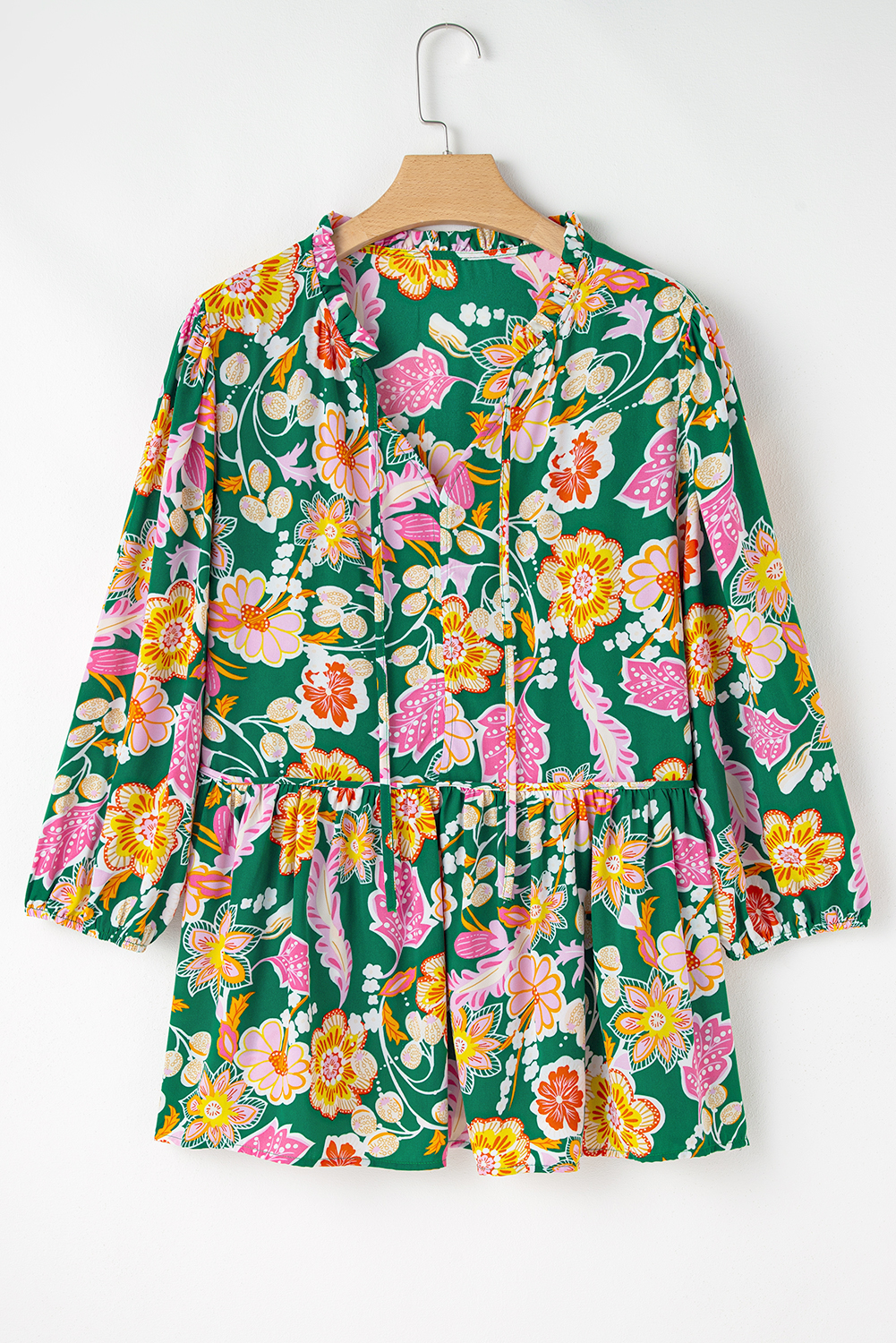 Green Floral Tied V Neck Long Sleeve Plus Size Babydoll Top Green Floral Tied V Neck Long Sleeve Plus Size Babydoll Top - Image 8