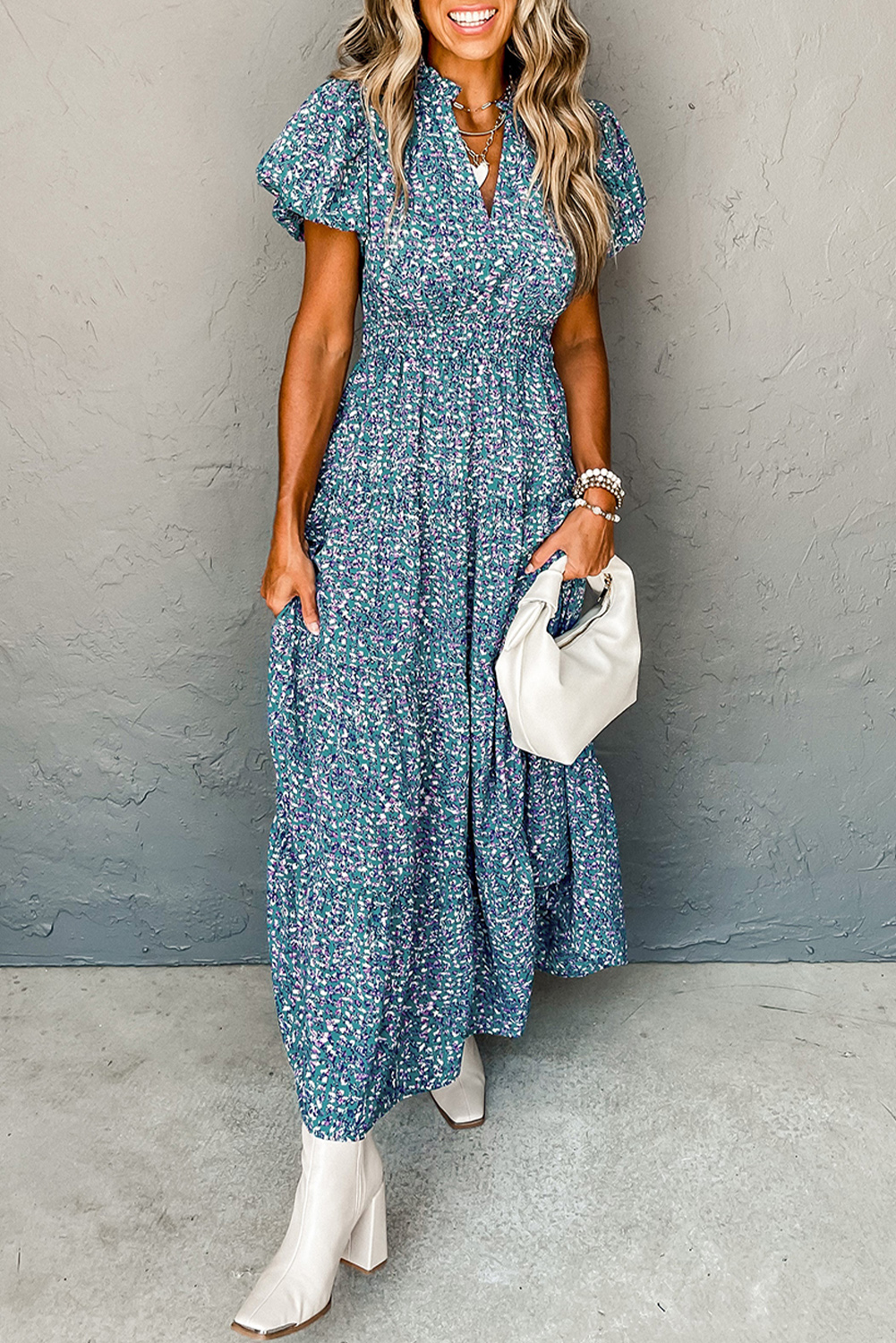 Blue Printed V Neck Shirred Short Puff Sleeve Maxi Dress Blue Printed V Neck Shirred Short Puff Sleeve Maxi Dress