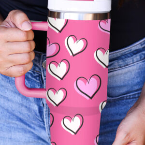 Rose Red Valentines Heart Printed Thermos Cup with Handle 40oz