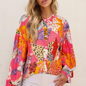 Red Abstract Floral Print Buttoned Ruffled Bubble Sleeve Shirt