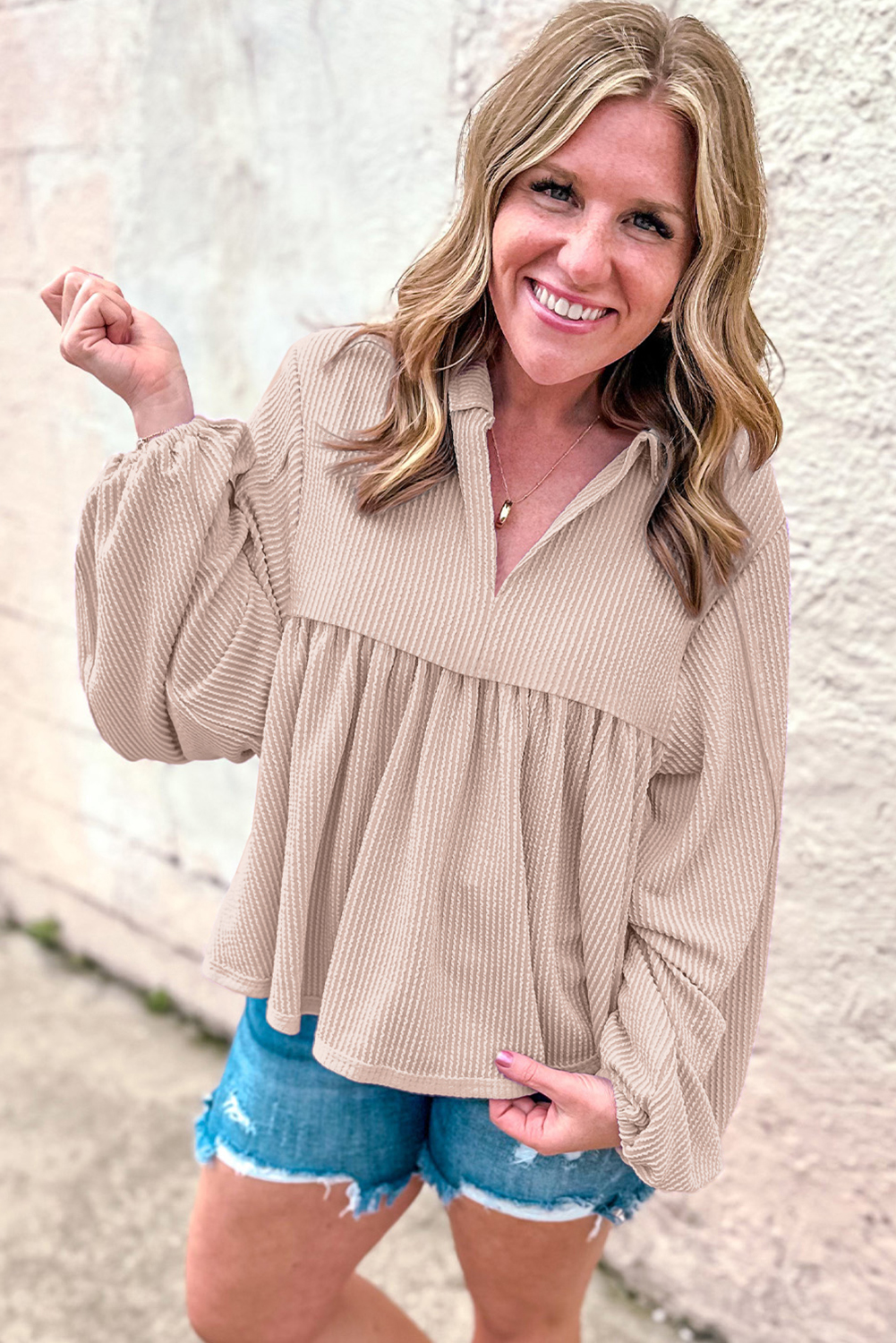 Parchment Corded Turn-down V Neck Bubble Sleeve Babydoll Blouse Parchment Corded Turn-down V Neck Bubble Sleeve Babydoll Blouse - Image 5