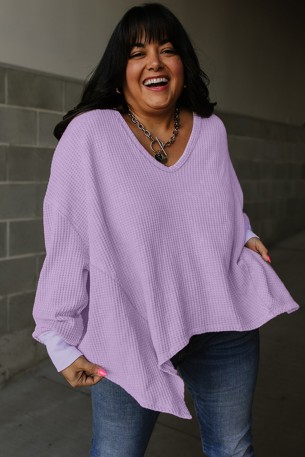 Orchid Petal Plus Size Waffle Knit Exposed Seam Flowy Top Orchid Petal Plus Size Waffle Knit Exposed Seam Flowy Top - Image 4
