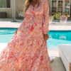 Geometric Print Shirred V Neck High Waist Long Dress