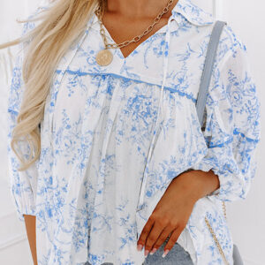 Sky Blue Floral 3/4 Sleeve Tied Collar Blouse