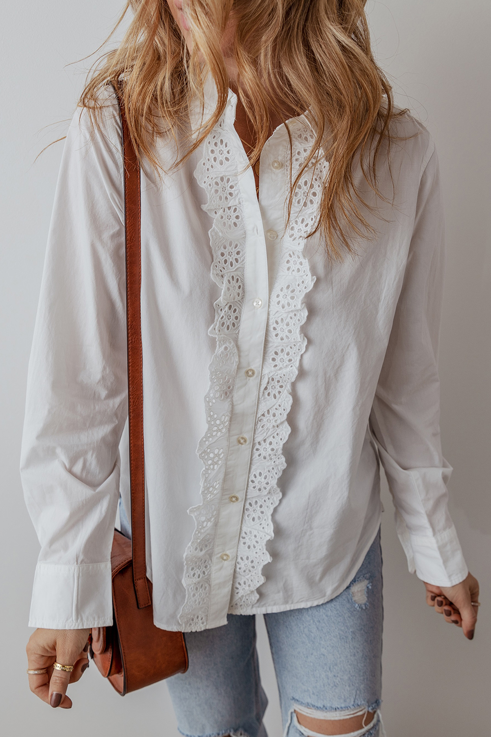 White Lace Crochet Trim Turn Down Collar Buttoned Shirt White Lace Crochet Trim Turn Down Collar Buttoned Shirt - Image 5
