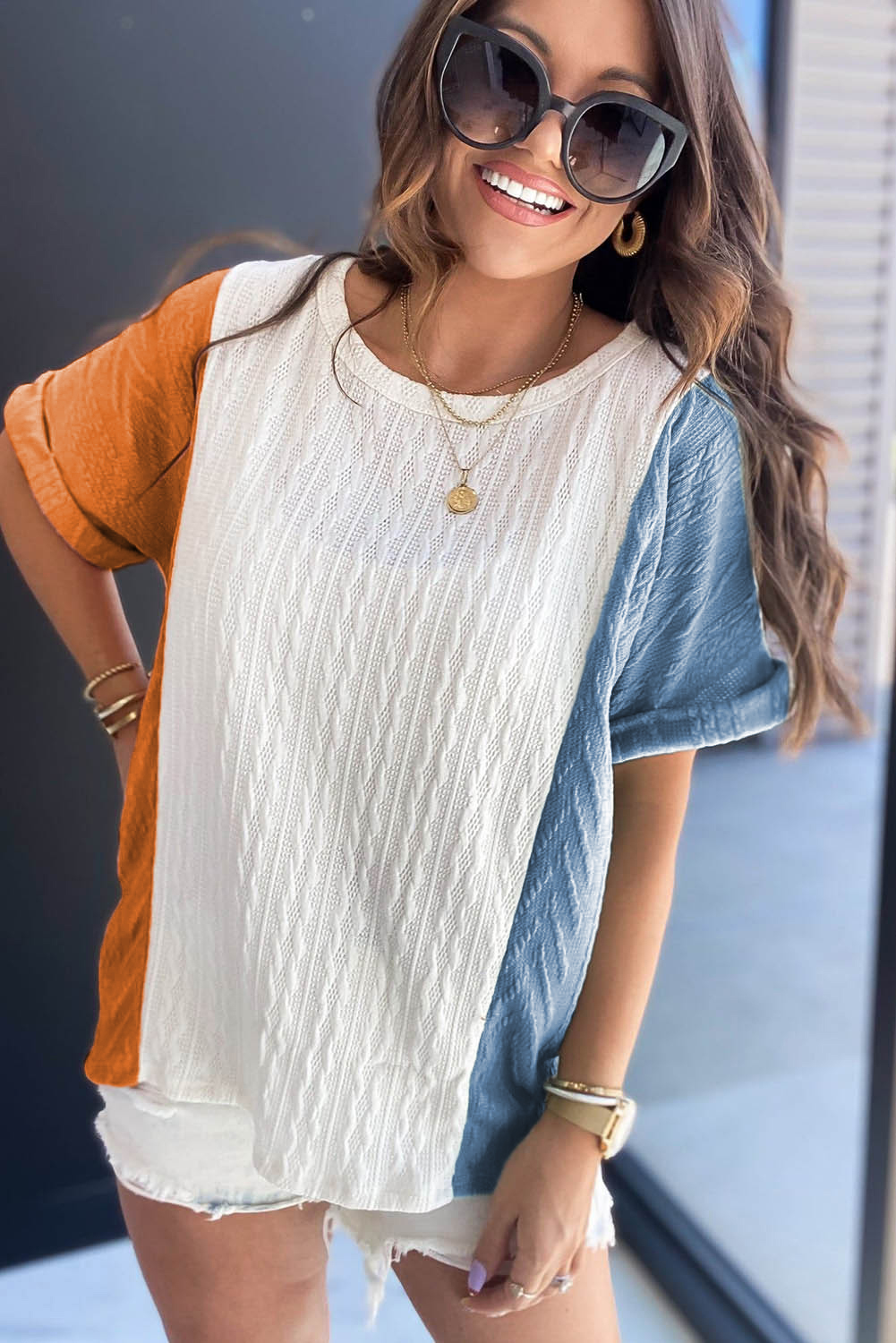 Light Blue Textured Color Block Loose Fit T Shirt Light Blue Textured Color Block Loose Fit T Shirt - Image 4