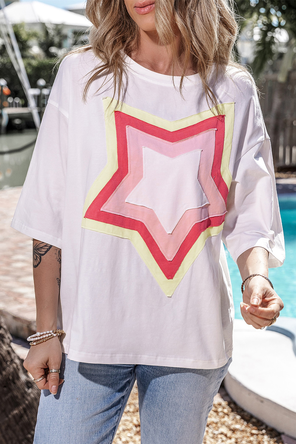 White Colorblock Star Patched Half Sleeve Oversized Tee White Colorblock Star Patched Half Sleeve Oversized Tee - Image 4