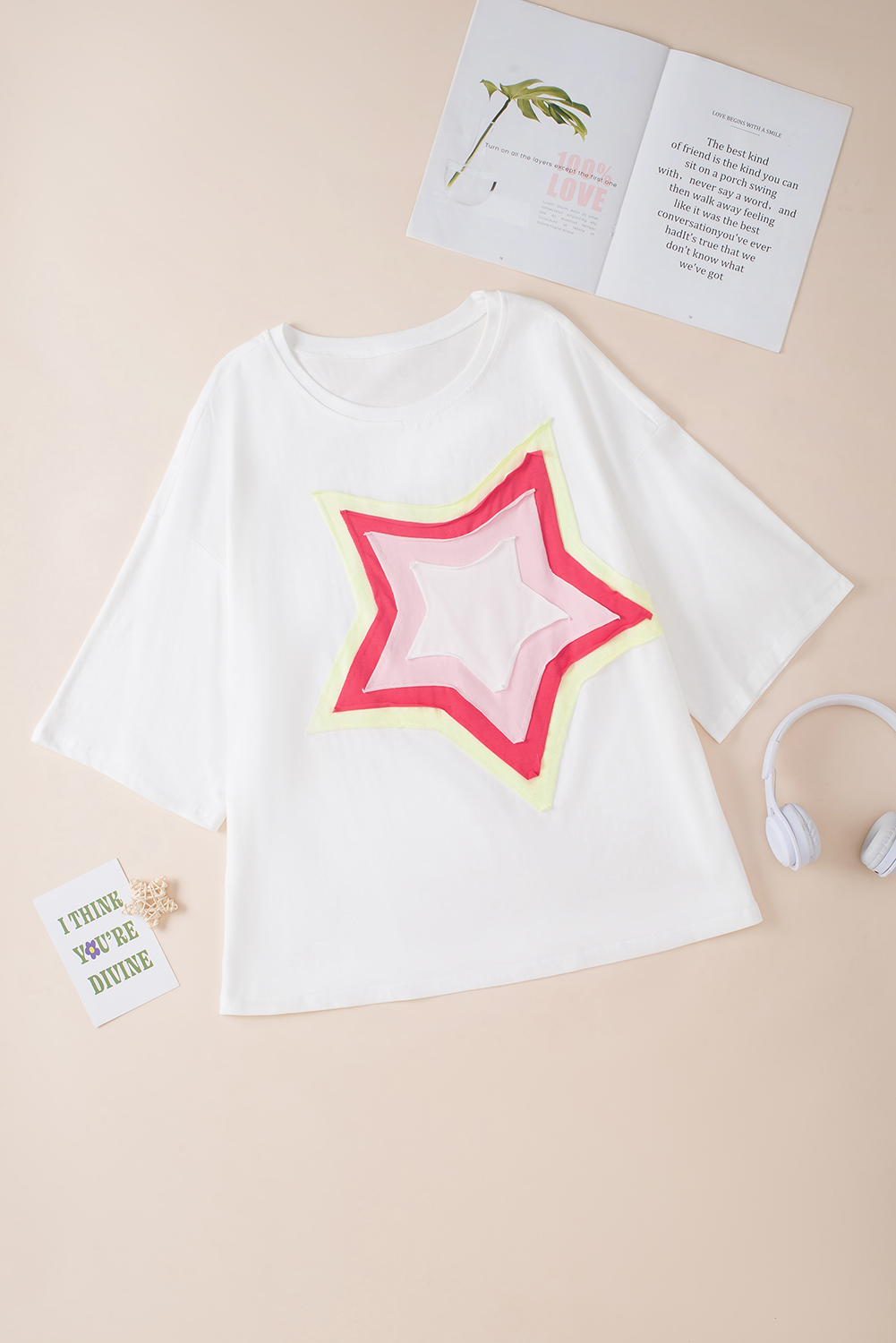 White Colorblock Star Patched Half Sleeve Oversized Tee White Colorblock Star Patched Half Sleeve Oversized Tee - Image 7