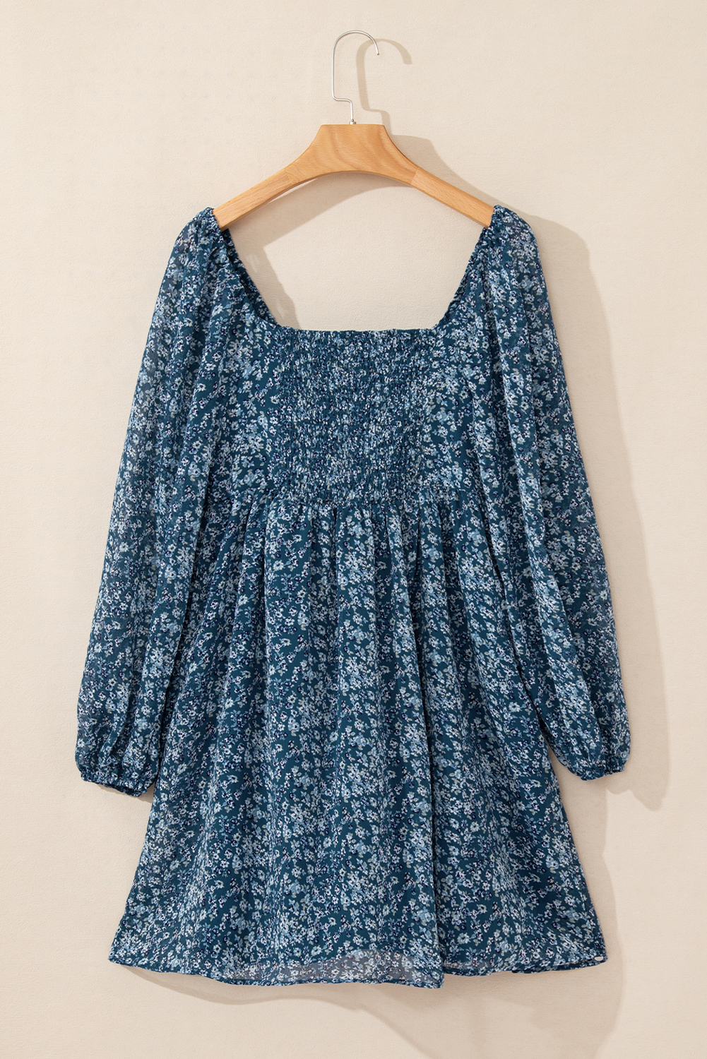 Blue Floral Print Sweetheart Neck Shirred Back Mini Dress Blue Floral Print Sweetheart Neck Shirred Back Mini Dress - Image 5