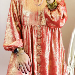 Peach Blossom Metallic Balloon Sleeve Shirt Plus Size Mini Dress