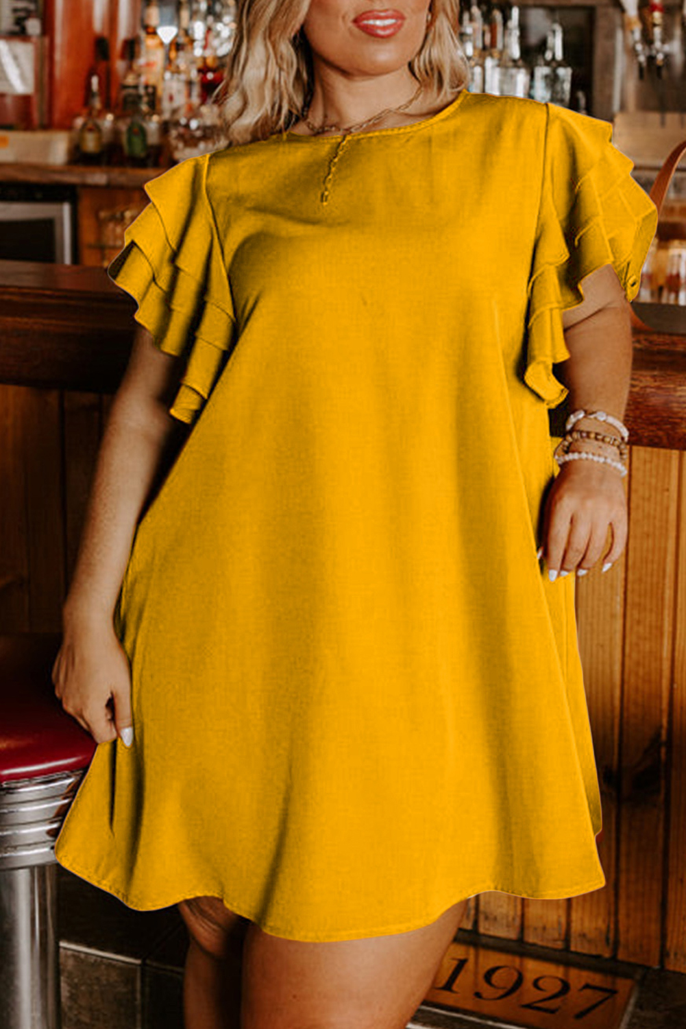 Grapefruit Orange Tiered Ruffled Sleeve Plus Size Mini Dress Grapefruit Orange Tiered Ruffled Sleeve Plus Size Mini Dress