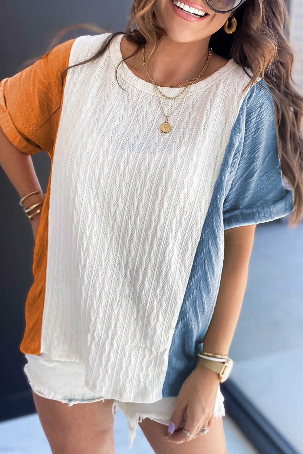 Light Blue Textured Color Block Loose Fit T Shirt Light Blue Textured Color Block Loose Fit T Shirt