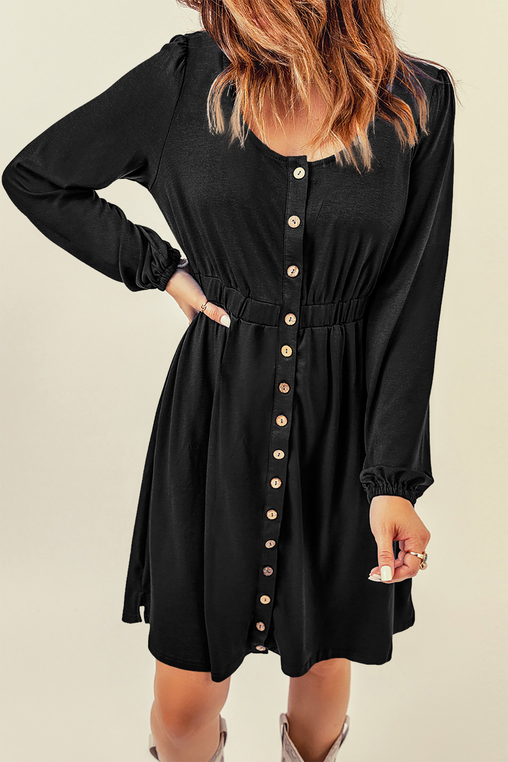 Black Button Up High Waist Long Sleeve Dress Black Button Up High Waist Long Sleeve Dress - Image 6