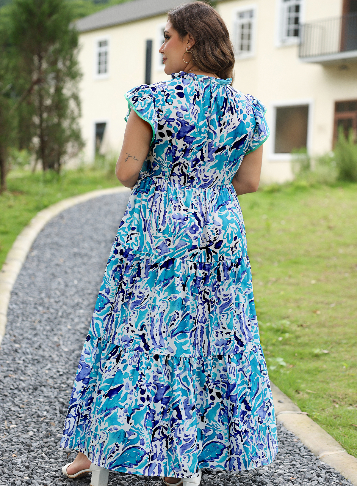 Sky Blue Plus Abstract Print Split Neck Ruffled Sleeve Tiered Long Dress Sky Blue Plus Abstract Print Split Neck Ruffled Sleeve Tiered Long Dress - Image 6