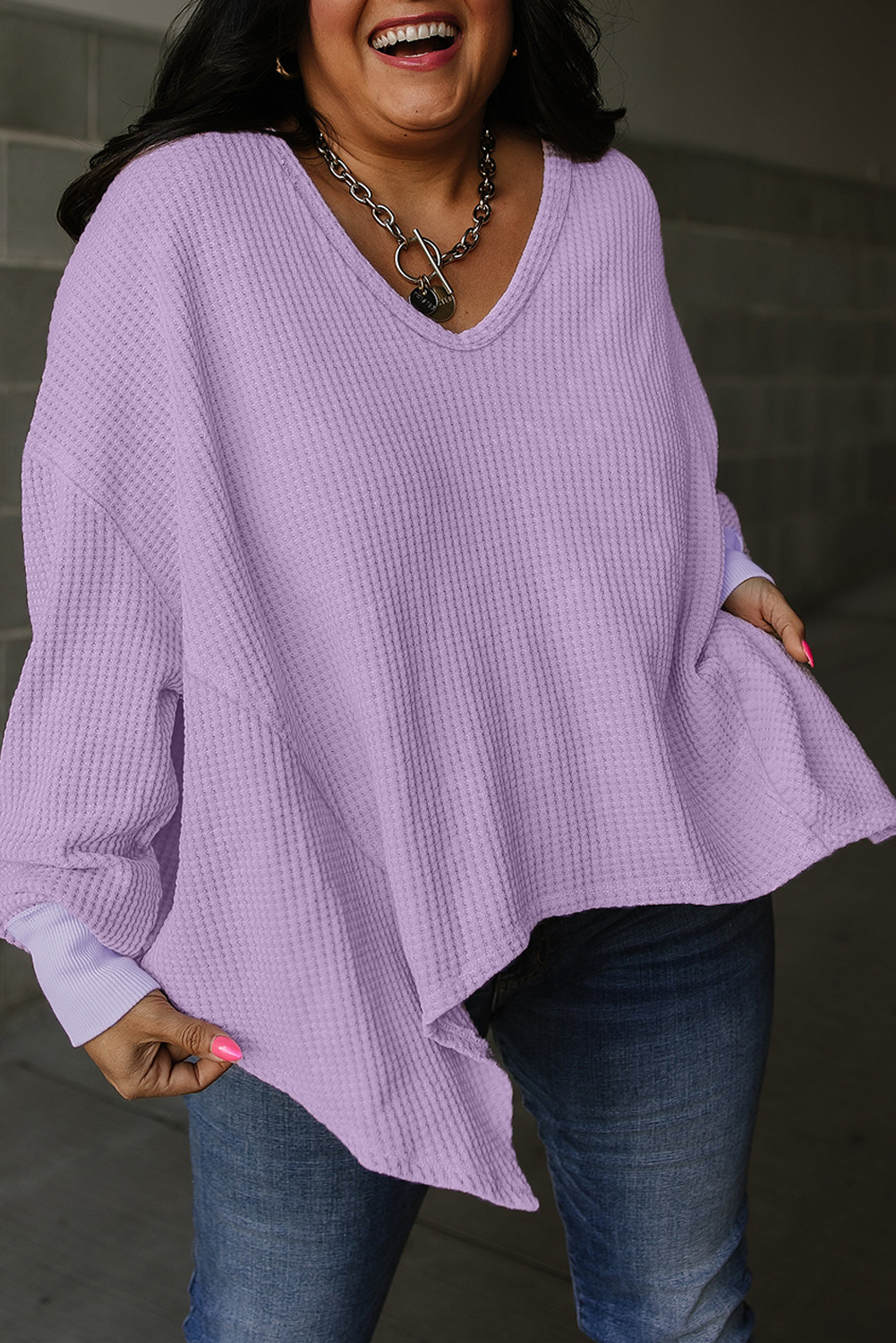 Orchid Petal Plus Size Waffle Knit Exposed Seam Flowy Top Orchid Petal Plus Size Waffle Knit Exposed Seam Flowy Top
