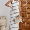 White Striped Floral Print Sleeveless Maxi Dress with Pocket