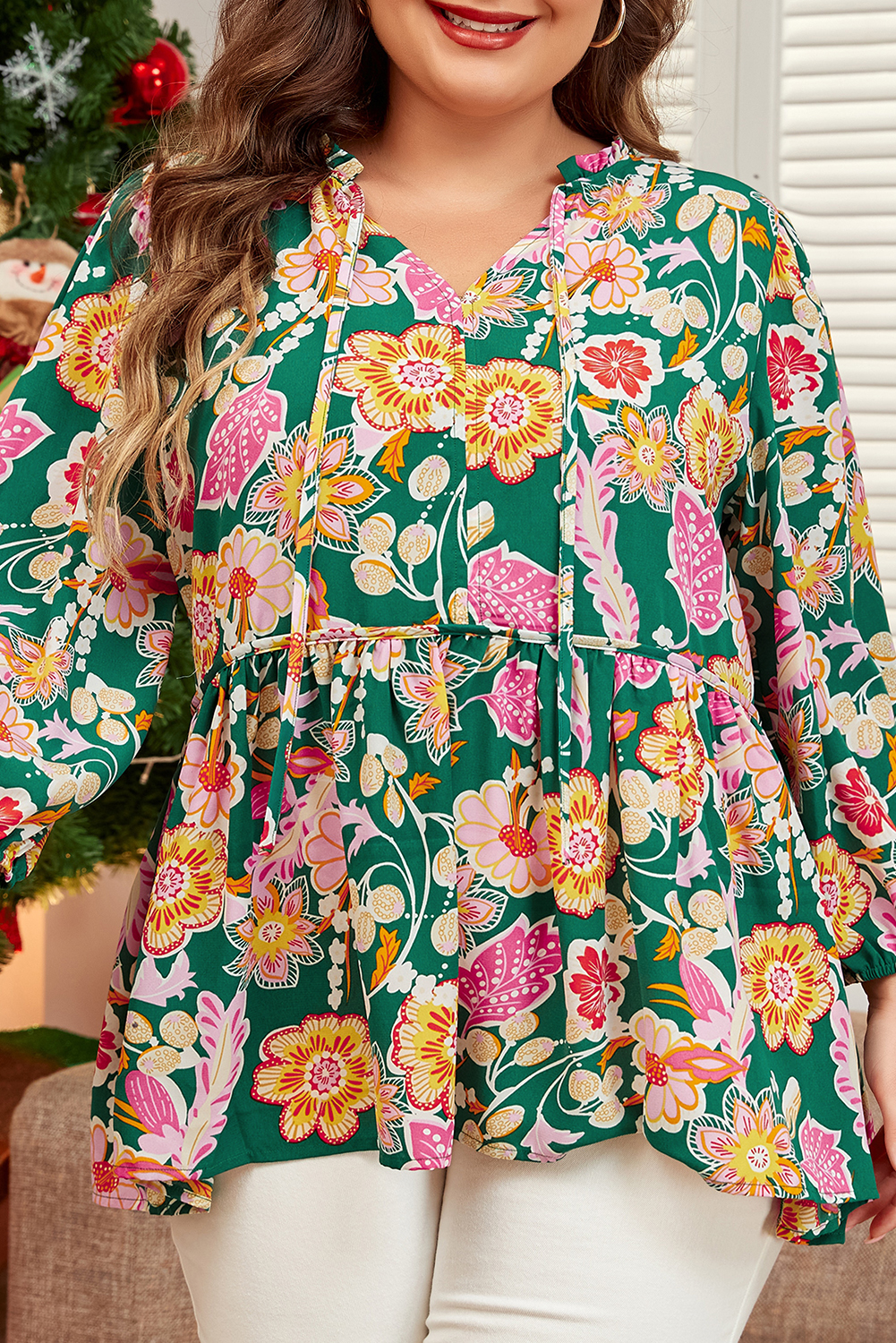 Green Floral Tied V Neck Long Sleeve Plus Size Babydoll Top Green Floral Tied V Neck Long Sleeve Plus Size Babydoll Top - Image 7