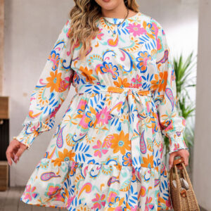 Orange Paisley Floral Print Belted Plus Size Dress