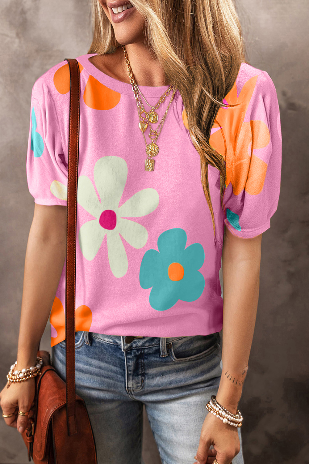 Pink Flower Print Bubble Sleeve Tee Pink Flower Print Bubble Sleeve Tee