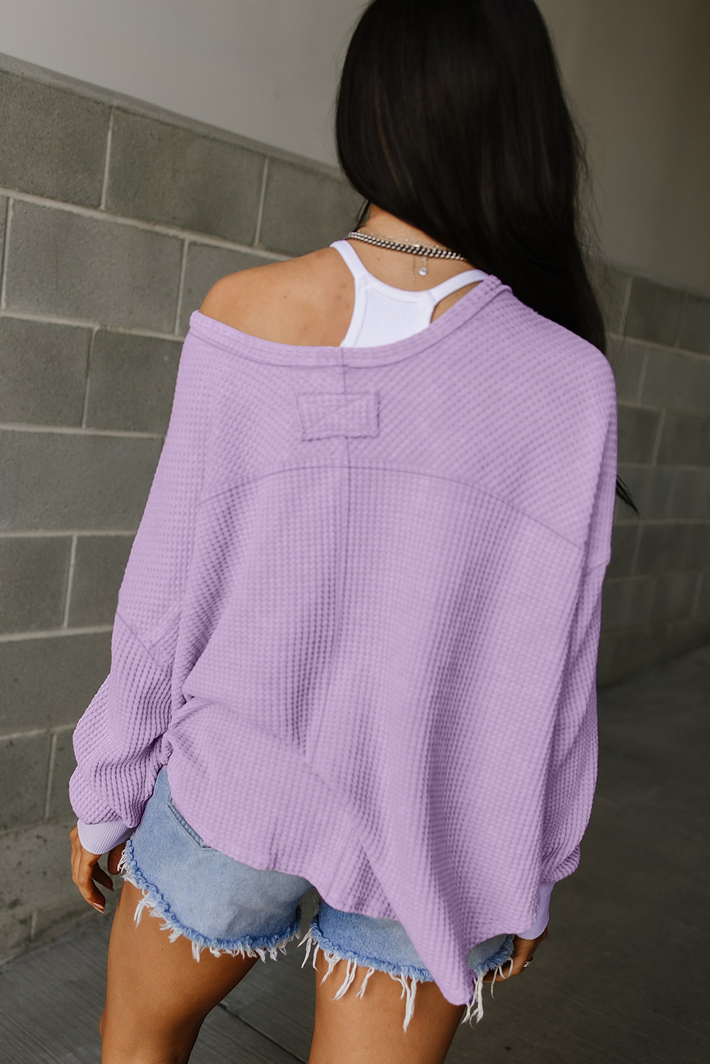 Orchid Petal Plus Size Waffle Knit Exposed Seam Flowy Top Orchid Petal Plus Size Waffle Knit Exposed Seam Flowy Top - Image 2