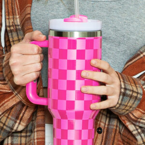 Bright Pink Checkered Print Handled Stainless Steel Tumbler Cup 40oz