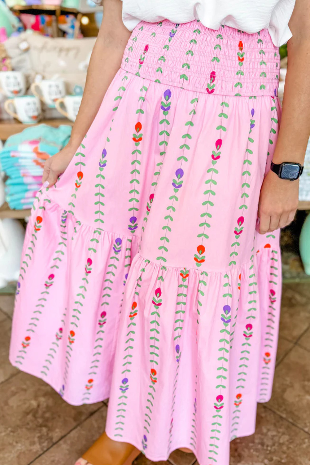 Pink Printed Smocked Tiered Maxi Skirt Pink Printed Smocked Tiered Maxi Skirt - Image 3