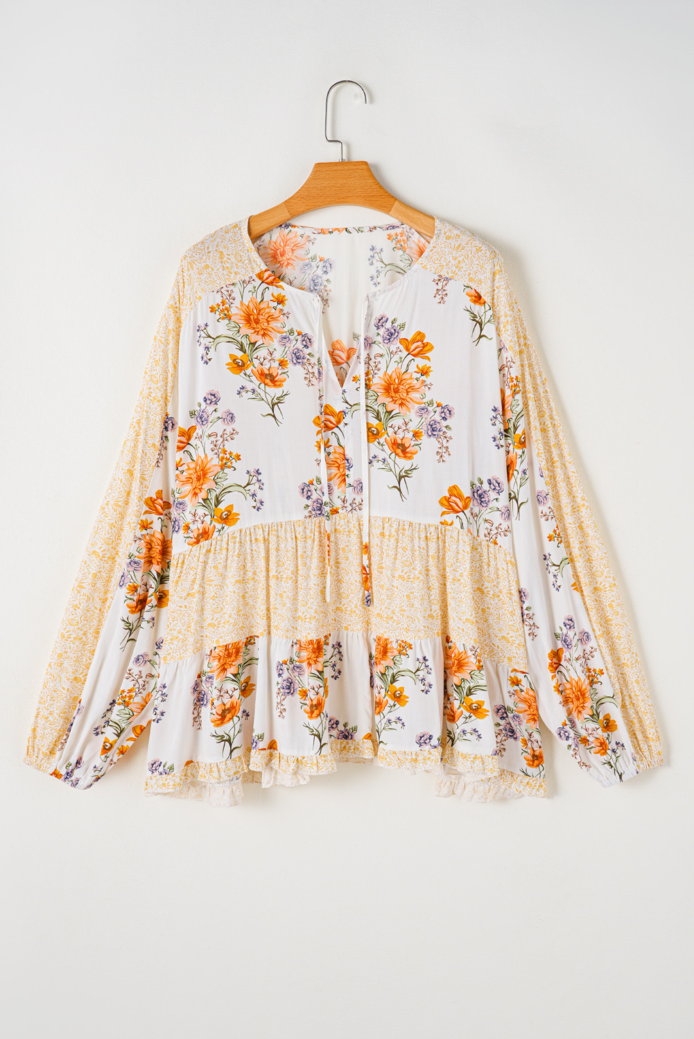 White Plus Size Floral Print V Neck Puff Sleeve Blouse White Plus Size Floral Print V Neck Puff Sleeve Blouse - Image 8