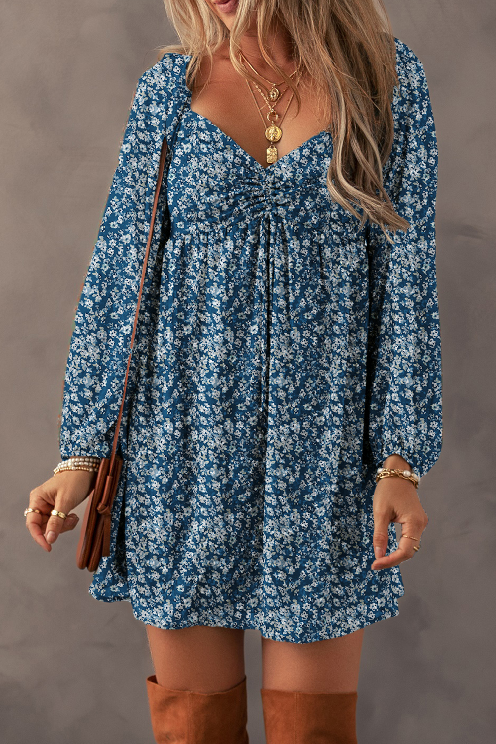 Blue Floral Print Sweetheart Neck Shirred Back Mini Dress Blue Floral Print Sweetheart Neck Shirred Back Mini Dress