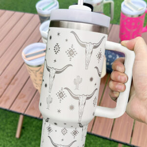 White Western Horn Stainless Steel Thermos Cup 40oz