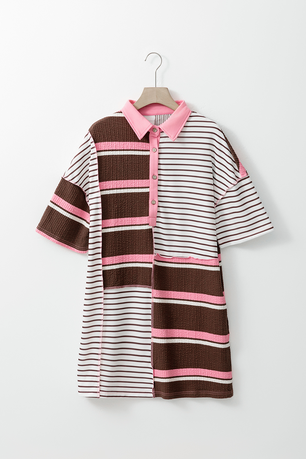 Brown Stripe Striped Textured Patchwork Buttoned T Shirt Dress Brown Stripe Striped Textured Patchwork Buttoned T Shirt Dress - Image 6