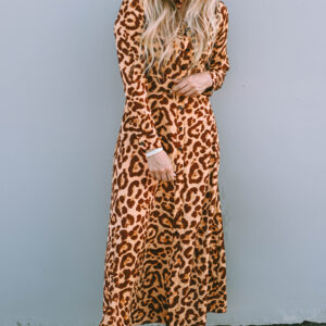 Leopard Button-Up Long Sleeve Maxi Dress