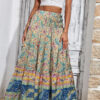 Sky Blue Boho Floral & Paisley Print Shirred Waist Long Skirt