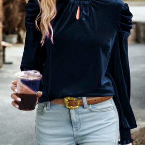 Navy Blue Mock Neck Puff Sleeve Velvet Blouse