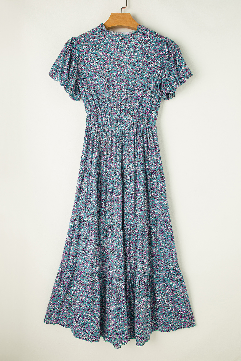 Blue Printed V Neck Shirred Short Puff Sleeve Maxi Dress Blue Printed V Neck Shirred Short Puff Sleeve Maxi Dress - Image 7