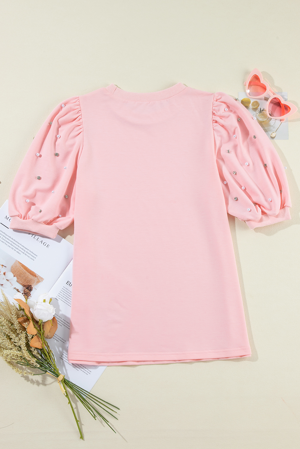 Light Pink Rhinestone Pearl Puff Half Sleeve Top Light Pink Rhinestone Pearl Puff Half Sleeve Top - Image 4