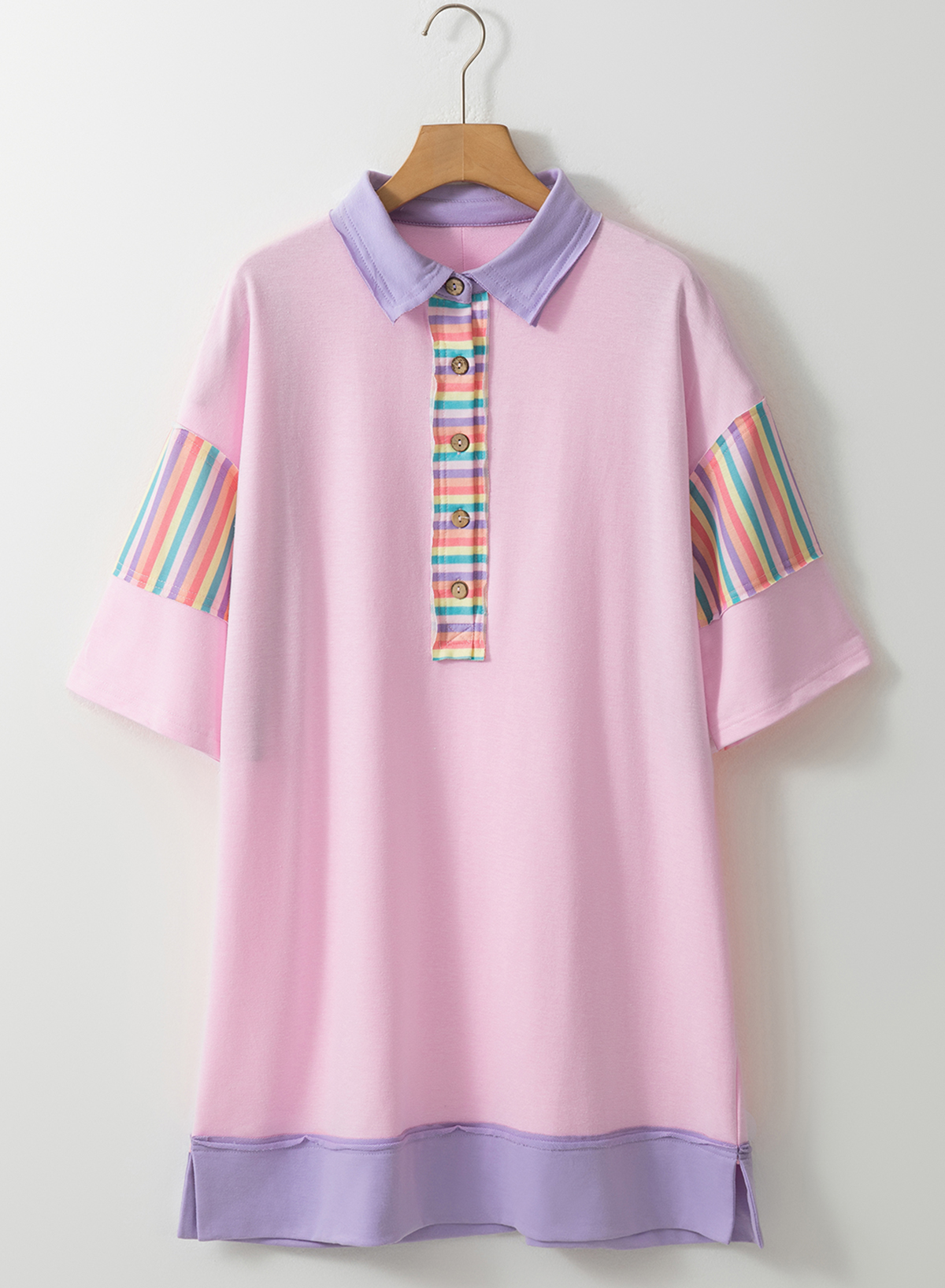 Pink Rainbow Stripe Half Sleeve Buttoned T Shirt Dress Pink Rainbow Stripe Half Sleeve Buttoned T Shirt Dress