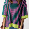 Green Stripe Oversized Contrast Trim Exposed Seam High Low T Shirt