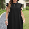 Black Ruffled Sleeve Rib Textured Plus Size Shift Dress