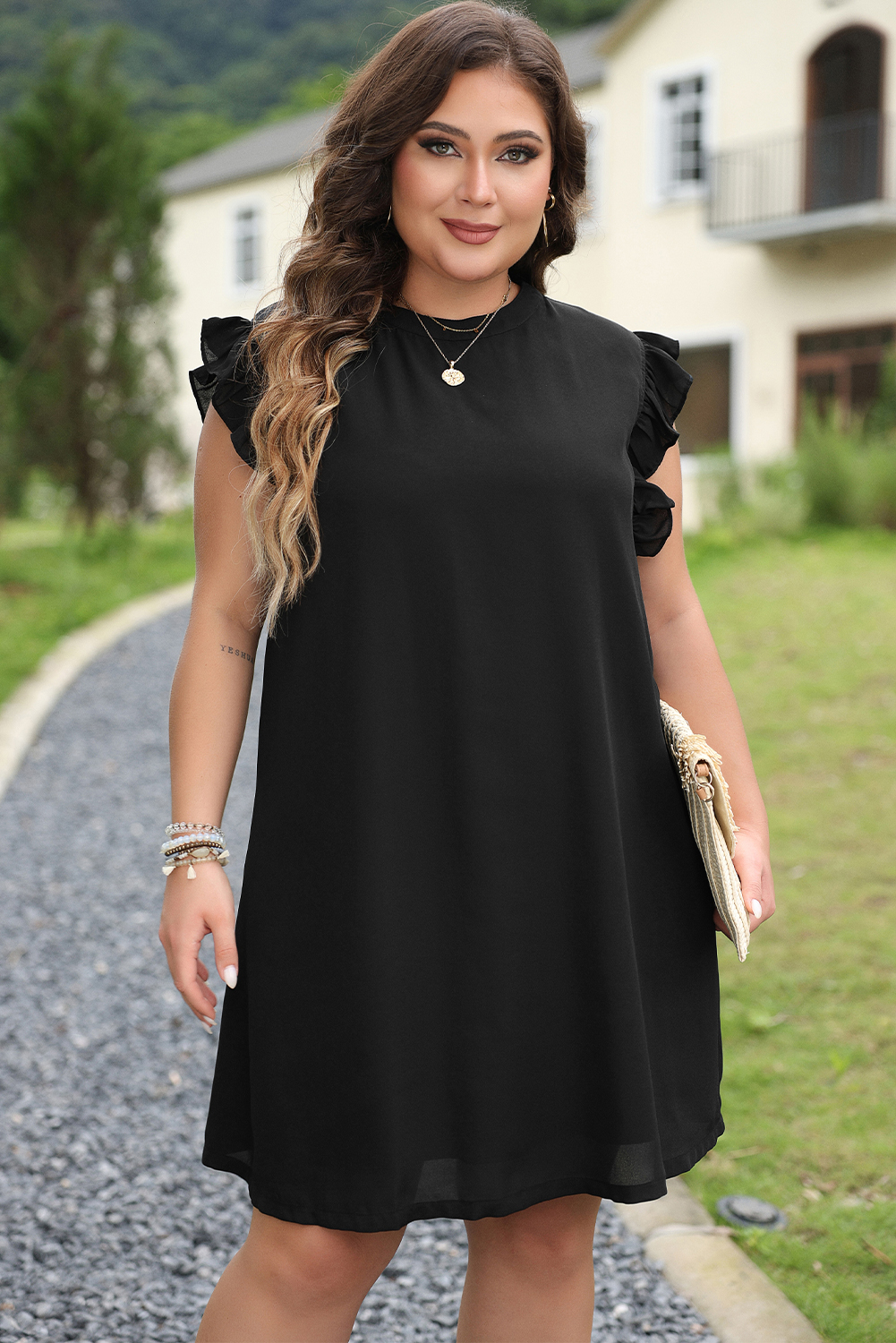 Black Keyhole Back Ruffled Plus Shift Dress Black Keyhole Back Ruffled Plus Shift Dress