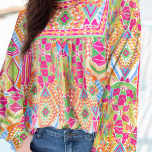 Orange Geometric Print Long Sleeve Keyhole Back Blouse