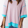 Pink Stripe Contrast Patch Pocket Drop Sleeve T Shirt