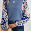 Black Floral Patchwork Long Sleeve Ribbed Blouse
