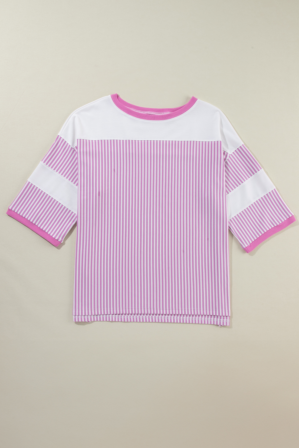 Pink Stripe Patchwork Bracelet Sleeve Plus Size T Shirt Pink Stripe Patchwork Bracelet Sleeve Plus Size T Shirt - Image 5