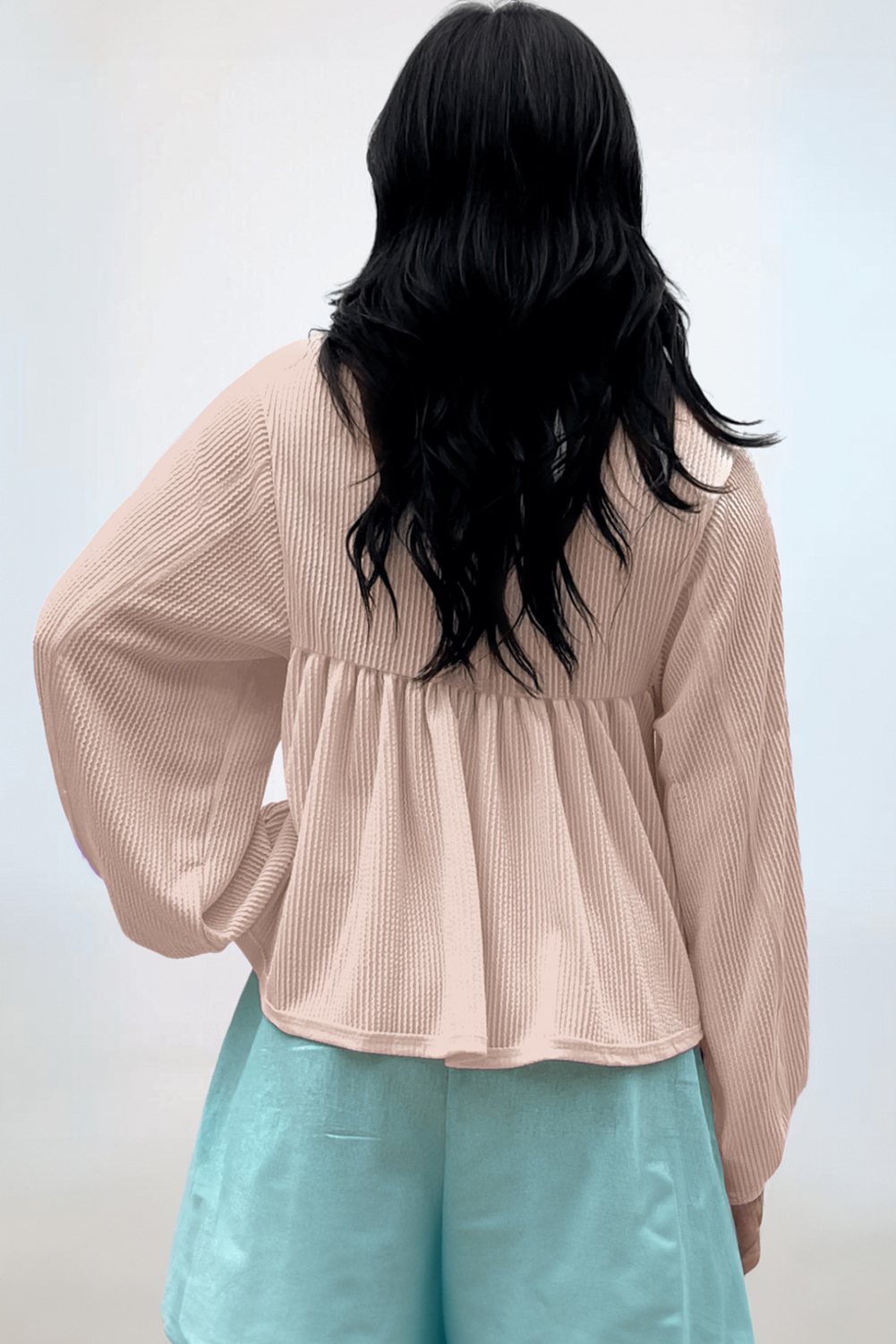 Parchment Corded Turn-down V Neck Bubble Sleeve Babydoll Blouse Parchment Corded Turn-down V Neck Bubble Sleeve Babydoll Blouse - Image 2