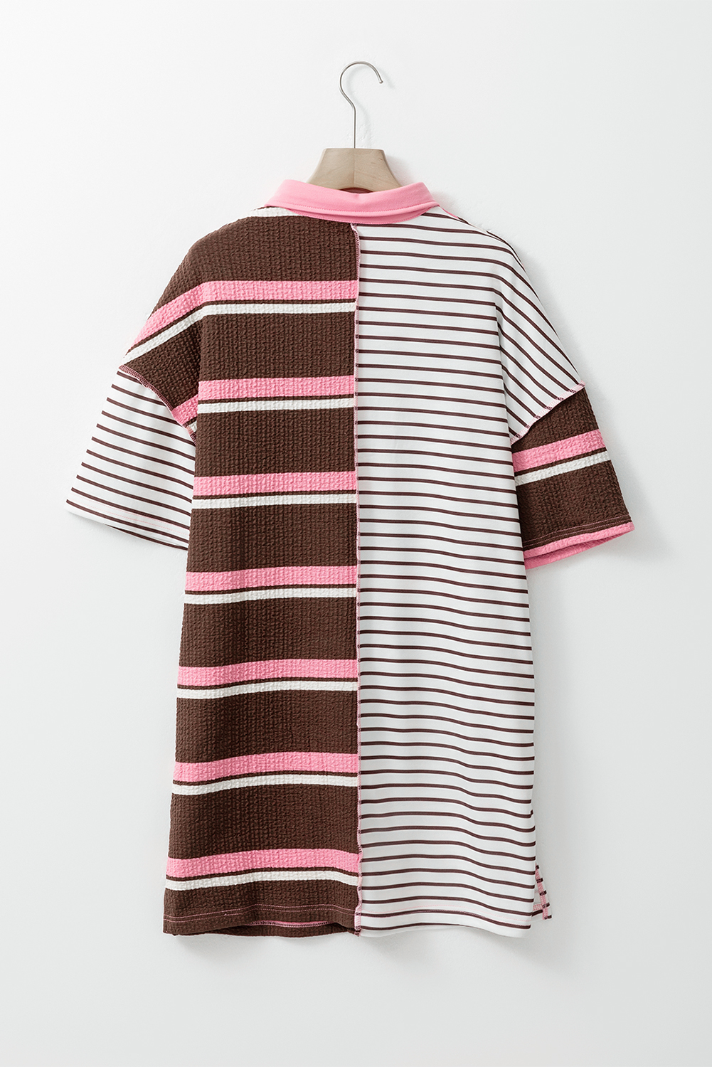 Brown Stripe Striped Textured Patchwork Buttoned T Shirt Dress Brown Stripe Striped Textured Patchwork Buttoned T Shirt Dress - Image 7
