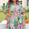 Blue Plus Size Floral V Neck Balloon Sleeve Babydoll Dress