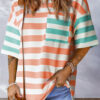 Rose Stripe Contrast Trim Crew Neck Loose Short Sleeve Top