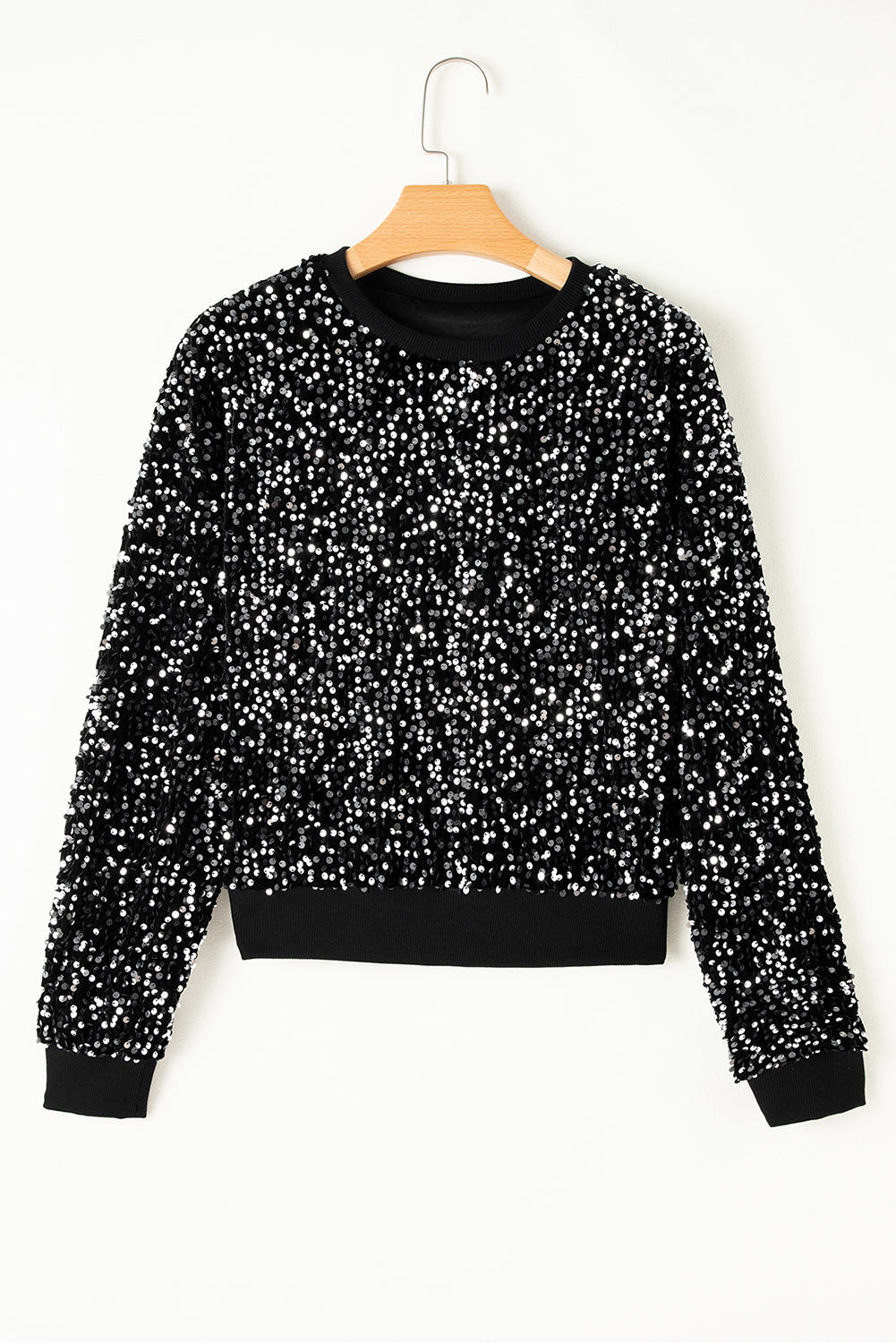 Black Sequined Long Sleeve Crew Neck Cropped Blouse Black Sequined Long Sleeve Crew Neck Cropped Blouse - Image 8