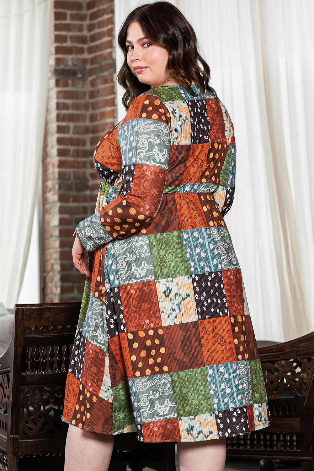 Green Printed Multicolor Western Checkered Plus Size Swing Dress Green Printed Multicolor Western Checkered Plus Size Swing Dress - Image 2